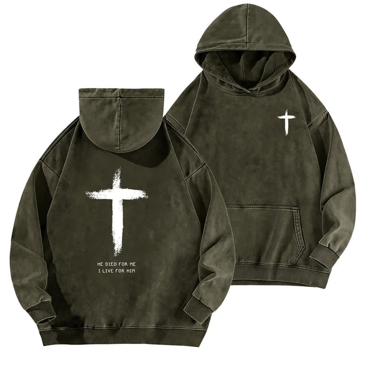 Christianartworkshop He Died For Me Cross Back Print Washed Hoodie - Army Green - 5XL - image 12