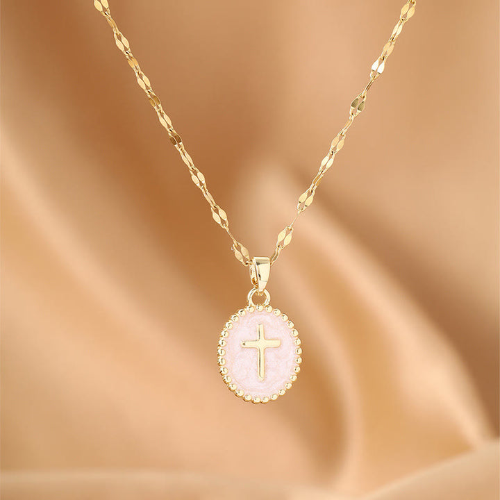 Christianartworkshop Textured Bezel Enamel Cross Oval Necklace: Symbol of Calm Celestial Serenity - White - image 2