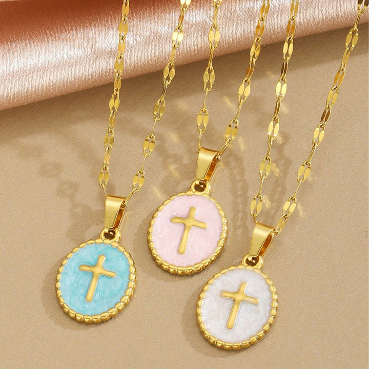 Christianartworkshop Textured Bezel Enamel Cross Oval Necklace: Symbol of Calm Celestial Serenity - image 0