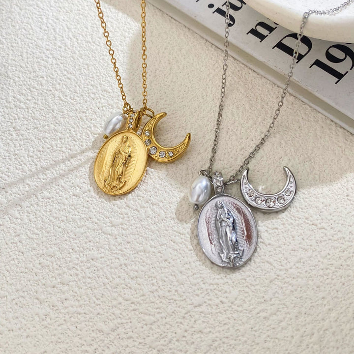 Christianartworkshop Daily‑Wear Our Lady Medal Crescent Moon Pearl Necklace: Sign of Heavenly Guardianship - image 3