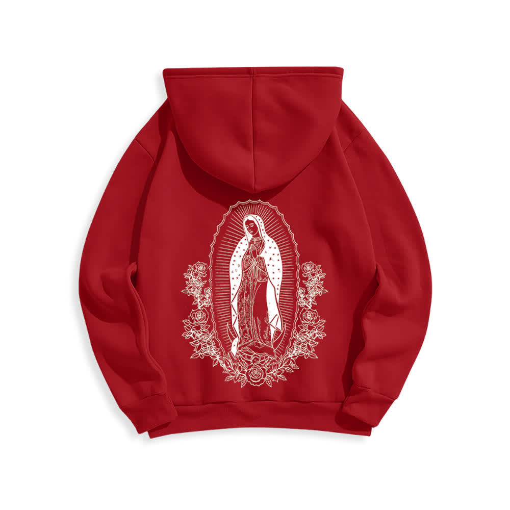 Christianartworkshop Virgin Mary Floral Halo Streetwear Pullover Hoodie - Red - 2XL - image 5
