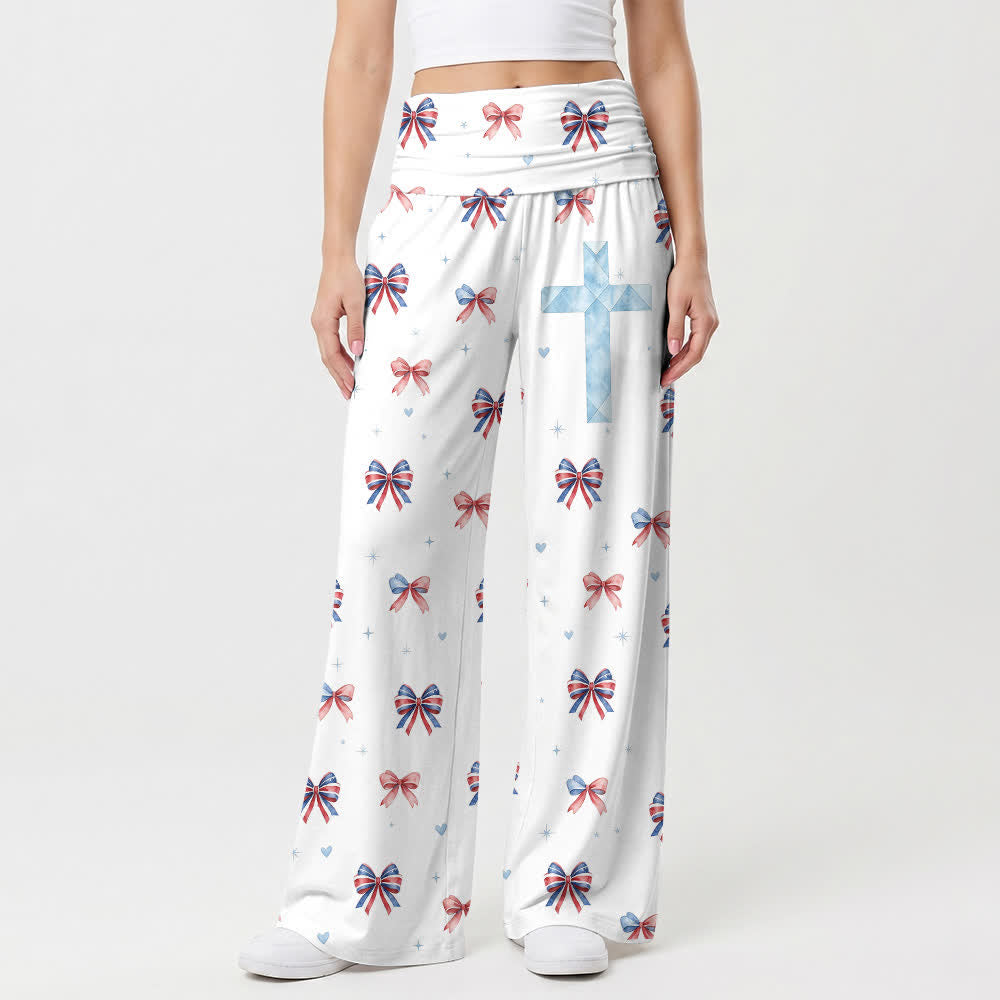 Christianartworkshop Sweet Bow Print Blue Cross Women's Wide Leg Pants - US22,UK/AU26,EU54 - image 0