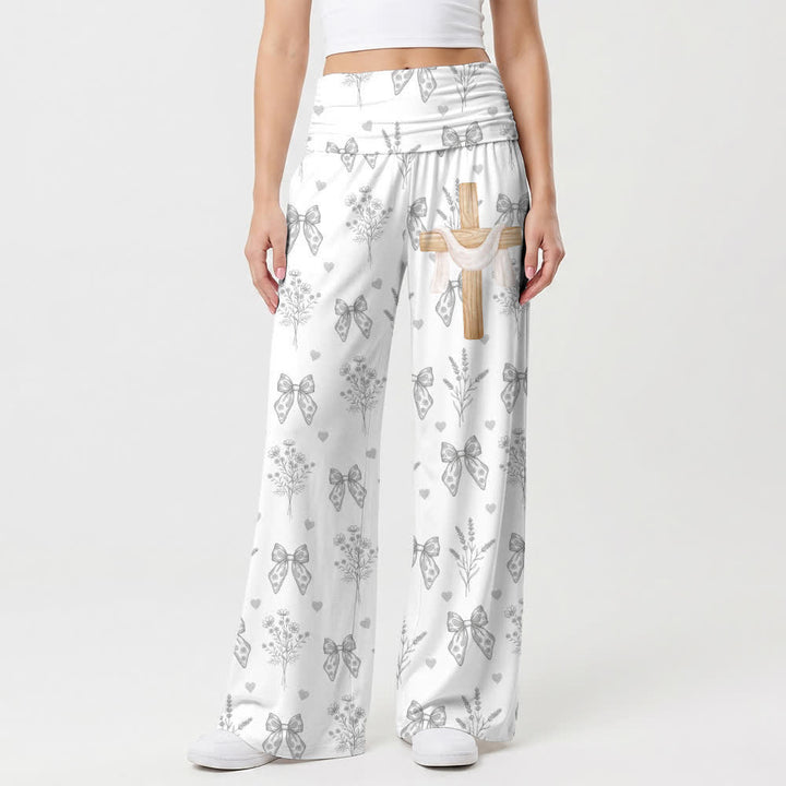 Christianartworkshop Soft Gray Bow Floral Print Women's Wide Leg Pants - US22,UK/AU26,EU54 - image 0