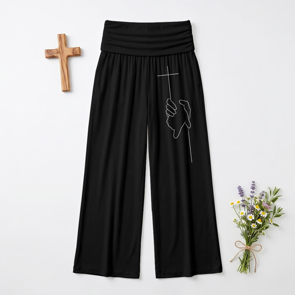 Christianartworkshop Graceful Cross Line Art Black Soft Draped Womens Wide Leg Pants - Black - US22,UK/AU26,EU54 - image 0