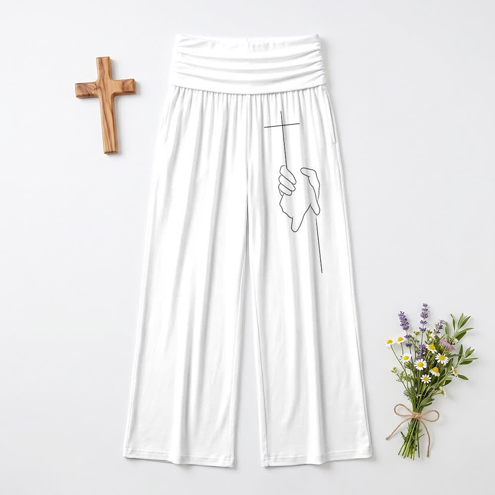 Christianartworkshop Graceful Cross Line Art Black Soft Draped Womens Wide Leg Pants - White - US22,UK/AU26,EU54 - image 12