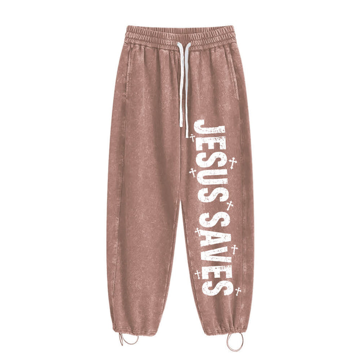 Christianartworkshop Jesus Saves Distressed Statement Washed Sweatpants - Brown - 2XL - image 19