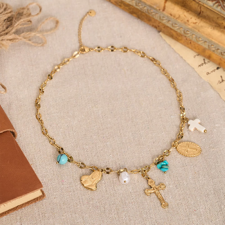 Christianartworkshop Multi Charm Necklace With Cross Crucifix Our Lady Emblem Of Gentle Heavenly Solace - Crucifix&Our Lady&Cross - image 0