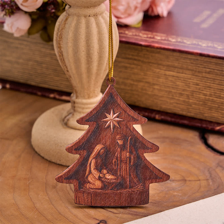 Christianartworkshop Tree‑Shaped Wooden Hanging Ornament With Holy Family Nativity Scene - Brown - image 4