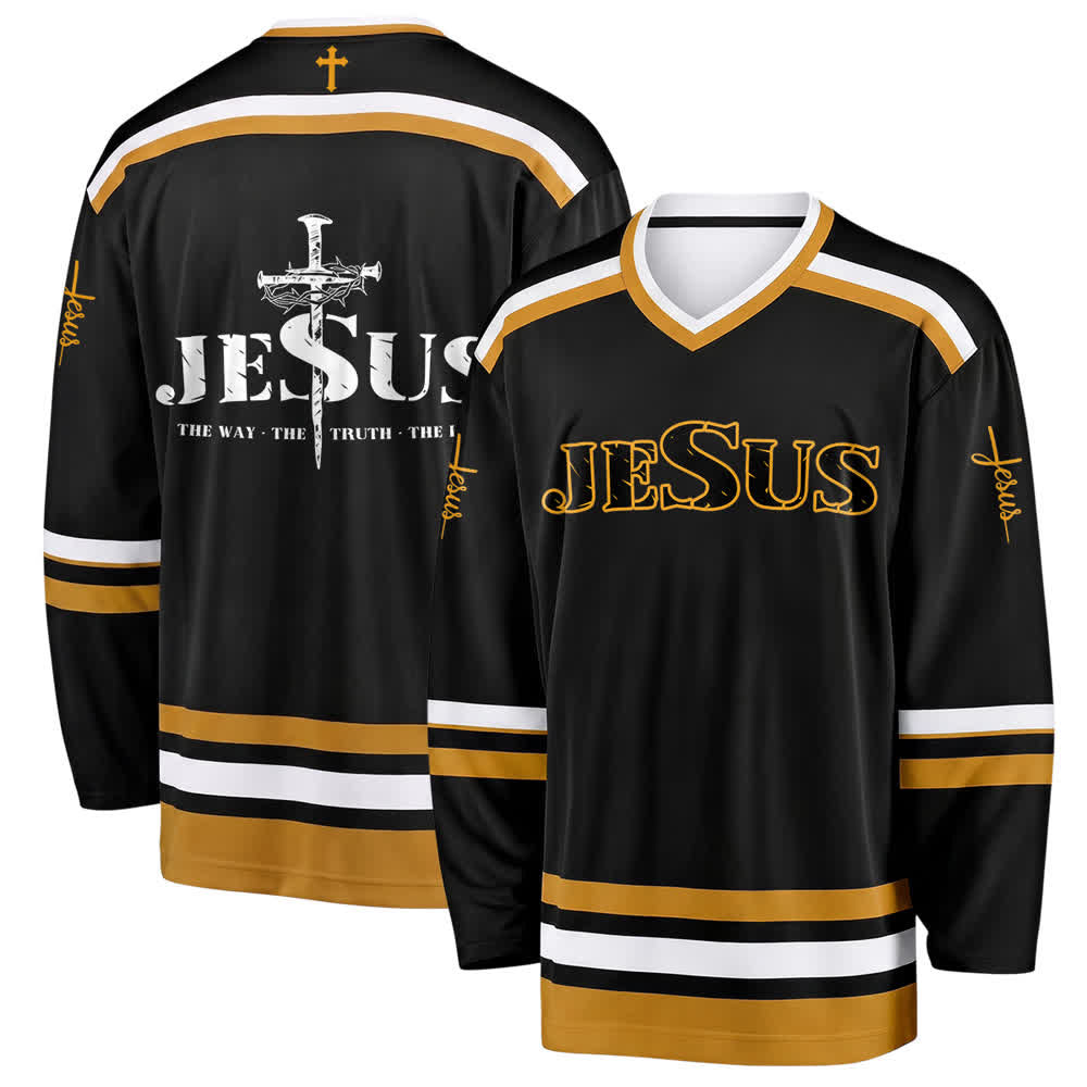Christianartworkshop Jesus Black Gold Varsity Style Hockey Jersey - 5XL - image 0