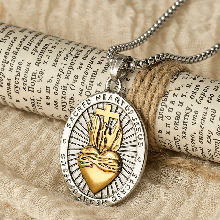 Christianartworkshop Tri-Color Sacred Heart & Cross Dual-Sided Medallion Necklace: Emblem of Divine Love - Golden - image 5