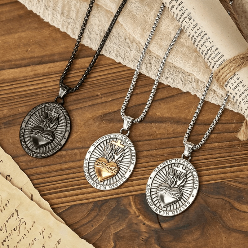 Christianartworkshop Tri-Color Sacred Heart & Cross Dual-Sided Medallion Necklace: Emblem of Divine Love - image 0