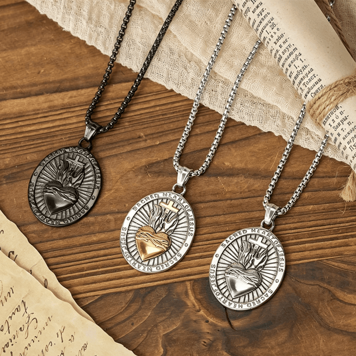 Christianartworkshop Tri-Color Sacred Heart & Cross Dual-Sided Medallion Necklace: Emblem of Divine Love - image 0