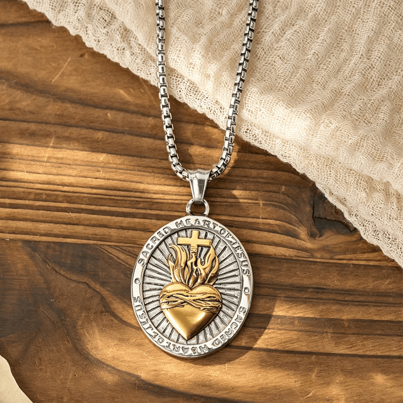 Christianartworkshop Tri-Color Sacred Heart & Cross Dual-Sided Medallion Necklace: Emblem of Divine Love - image 7
