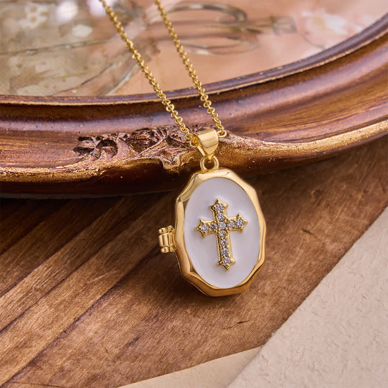 Christianartworkshop Openable Cross Locket Necklace with Mother-of-Pearl Inlay: A Reminder of Divine Love - White - image 2