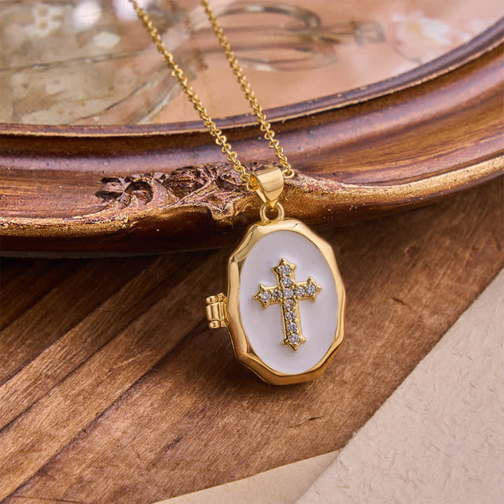 Christianartworkshop Openable Cross Locket Necklace with Mother-of-Pearl Inlay: A Reminder of Divine Love - White - image 2