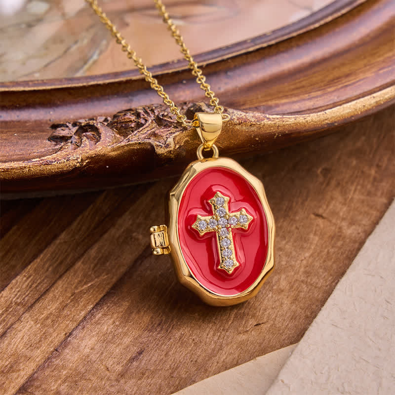 Christianartworkshop Openable Cross Locket Necklace with Mother-of-Pearl Inlay: A Reminder of Divine Love - Red - image 3