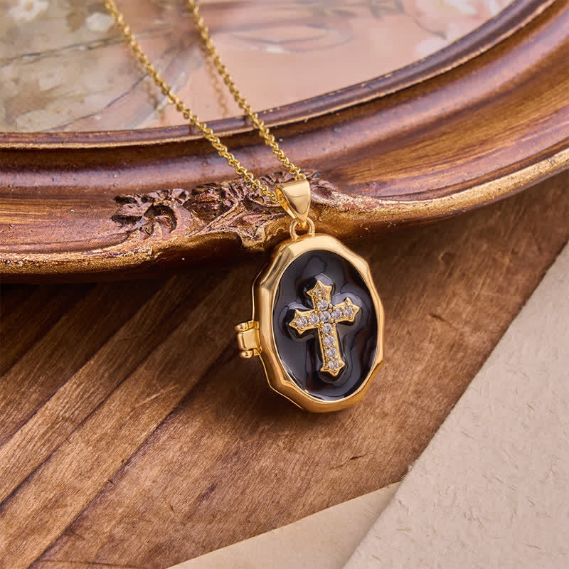 Christianartworkshop Openable Cross Locket Necklace with Mother-of-Pearl Inlay: A Reminder of Divine Love - Black - image 4