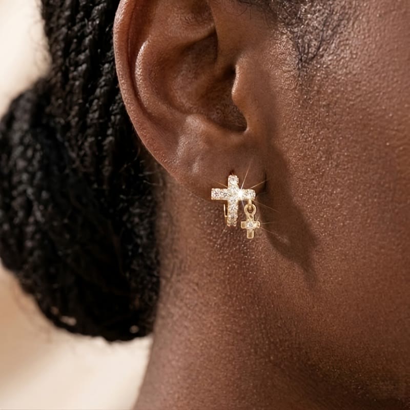 Christianartworkshop Double Cross Paved Crystal Hoop Earrings: Emblem of Gentle Heavenly Blessings - image 1
