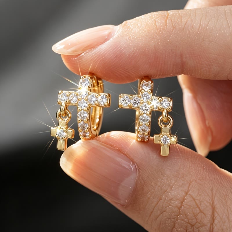 Christianartworkshop Double Cross Paved Crystal Hoop Earrings: Emblem of Gentle Heavenly Blessings - Golden - image 0