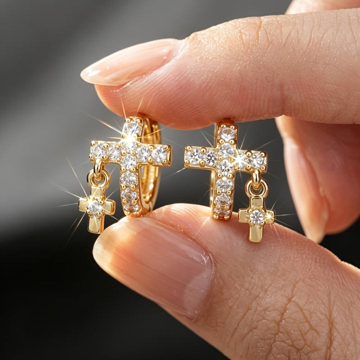 Christianartworkshop Double Cross Paved Crystal Hoop Earrings: Emblem of Gentle Heavenly Blessings - Golden - image 0