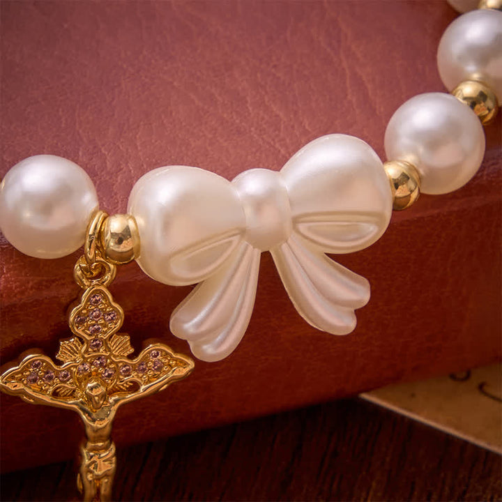 Christianartworkshop White Beaded Bow Rosary Bracelet With Jeweled Crucifix: Emblem of Sweet Heavenly Grace - image 5