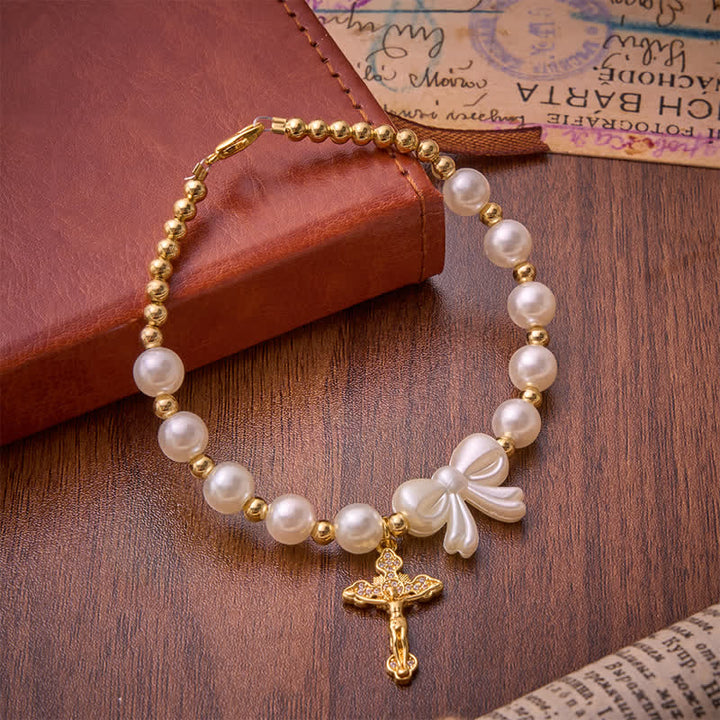 Christianartworkshop White Beaded Bow Rosary Bracelet With Jeweled Crucifix: Emblem of Sweet Heavenly Grace - image 4