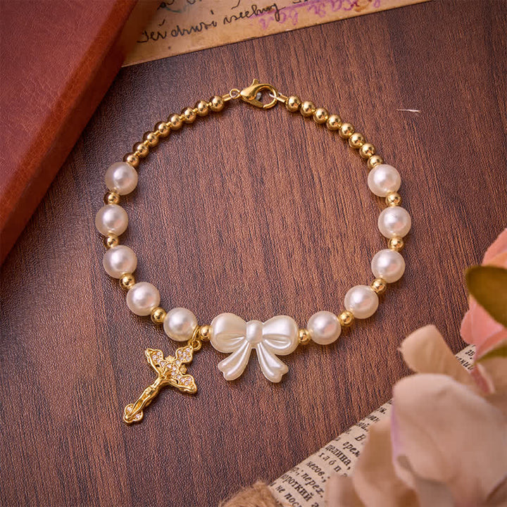 Christianartworkshop White Beaded Bow Rosary Bracelet With Jeweled Crucifix: Emblem of Sweet Heavenly Grace - Beaded Bow Rosary Bracelet - image 0