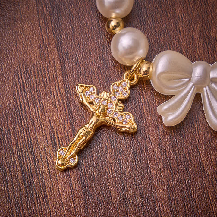 Christianartworkshop White Beaded Bow Rosary Bracelet With Jeweled Crucifix: Emblem of Sweet Heavenly Grace - image 6