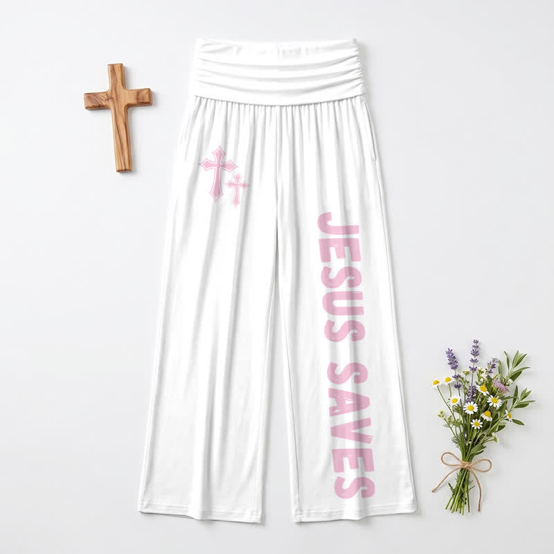 Christianartworkshop Jesus Saves Pink Cross Foldover Women's Wide Leg Pants - image 11
