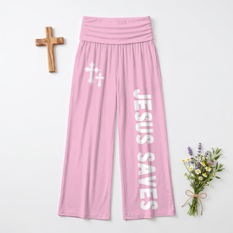 Christianartworkshop Jesus Saves Pink Cross Foldover Women's Wide Leg Pants - image 5