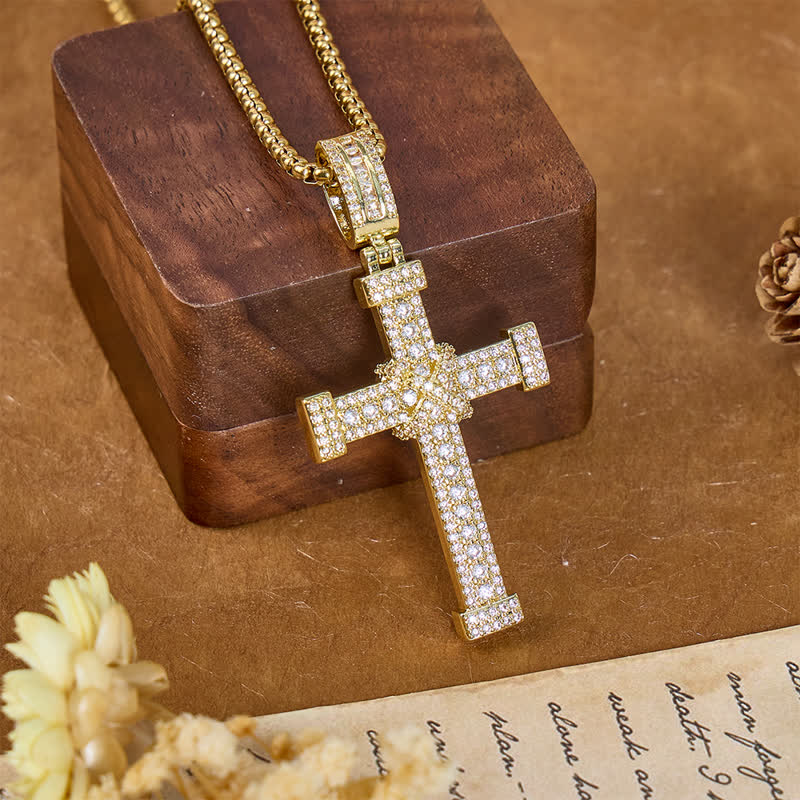 Christianartworkshop Sparkling Full Stone Copper Cross Necklace: Sign of Heavenly Blessings - Golden - image 3
