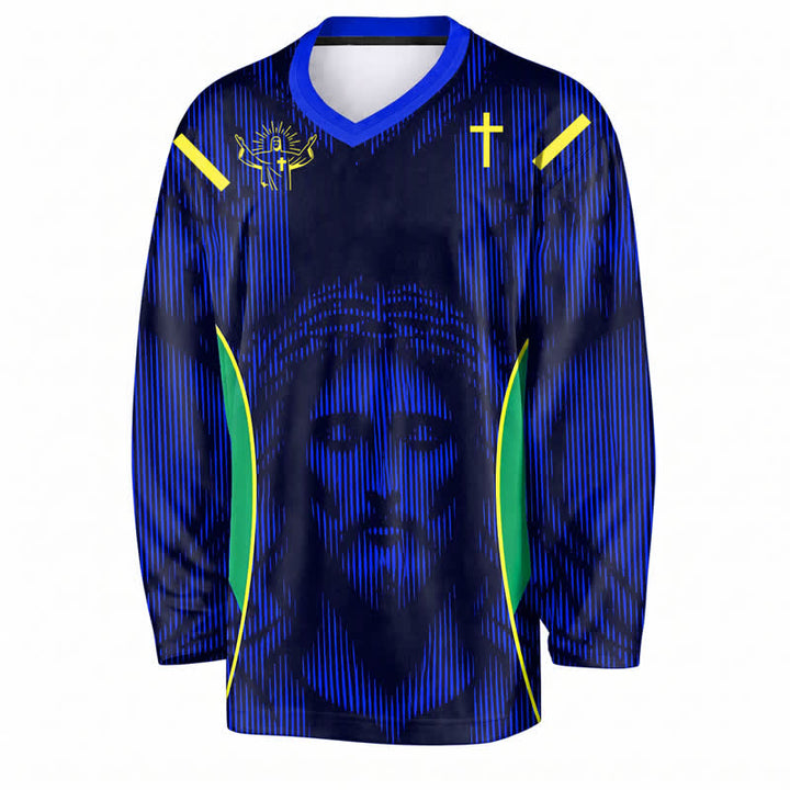 Christianartworkshop Jesus Portrait Blue V Neck Long Sleeve Hockey Jersey - image 1
