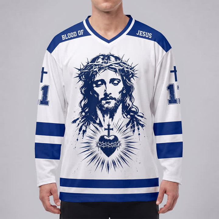 Christianartworkshop Savior John 3:16 Jesus & Sacred Heart Blue White Long Sleeve Hockey Jersey - image 3