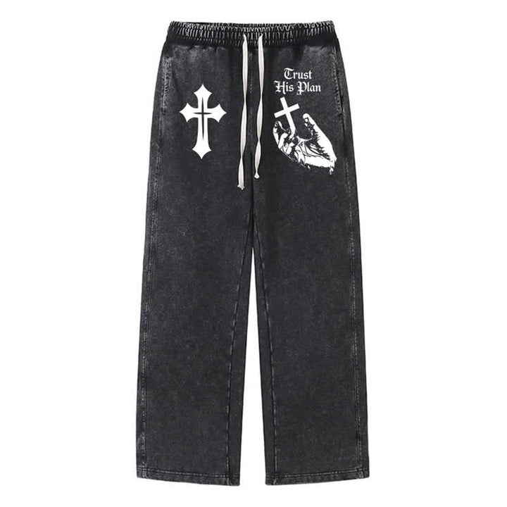 Christianartworkshop Trust His Plan Cross Graphic Washed Sweatpants - Black - 2XL - image 8