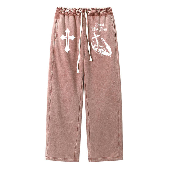 Christianartworkshop Trust His Plan Cross Graphic Washed Sweatpants - Brown - 2XL - image 0