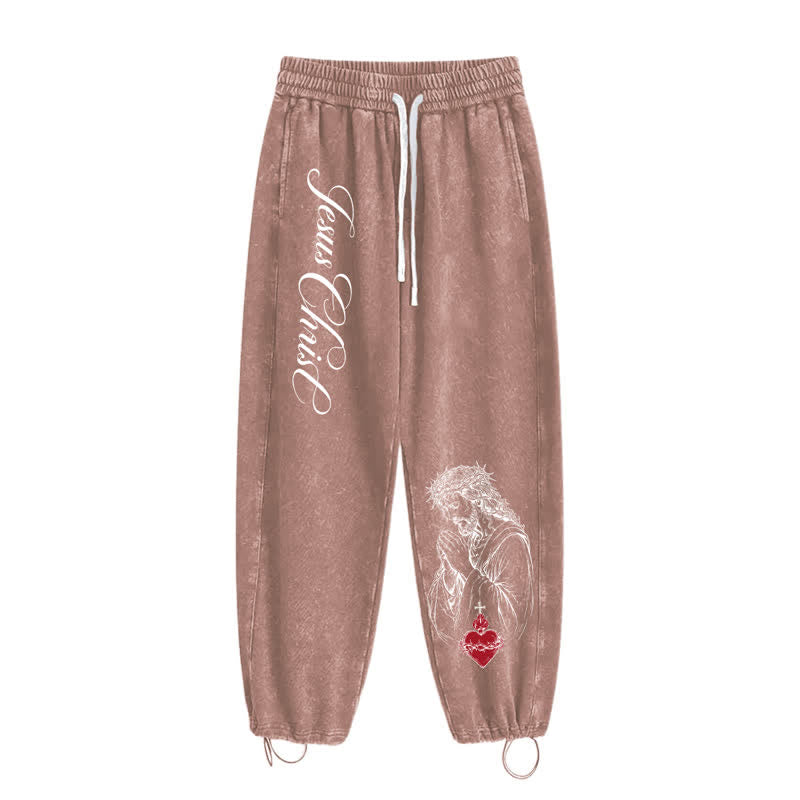 Christianartworkshop Jesus Christ Script Sacred Heart Washed Sweatpants - image 42