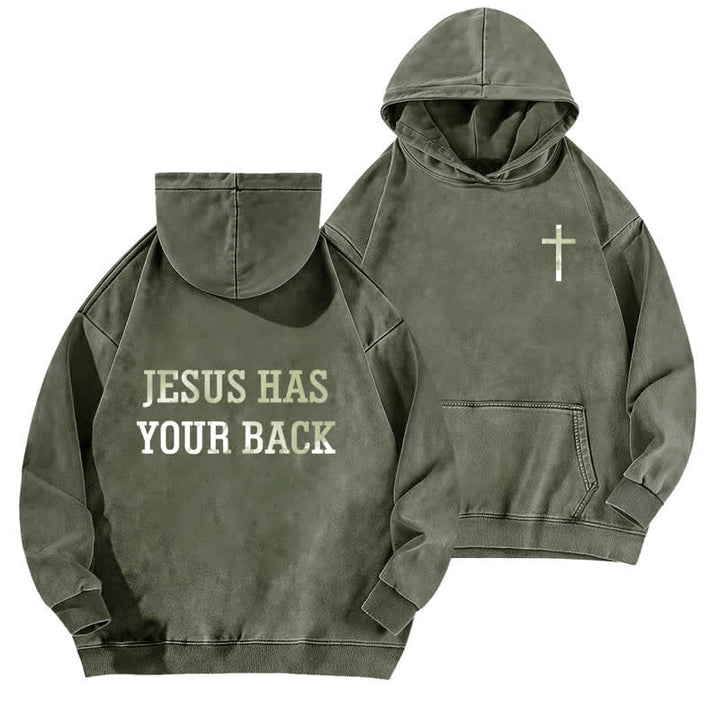 Christianartworkshop Jesus Has Your Back Cross Print Washed Hoodie - Army Green - 5XL - image 6