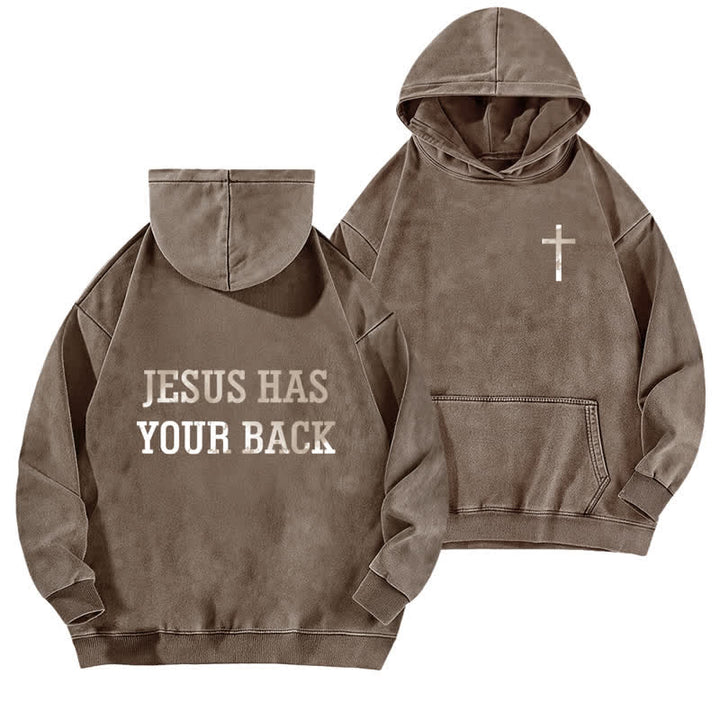 Christianartworkshop Jesus Has Your Back Cross Print Washed Hoodie - Coffee - 5XL - image 12