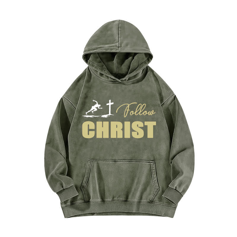 Christianartworkshop Follow Christ Cross Graphic Oversized Washed Hoodie - Army Green - 5XL - image 4