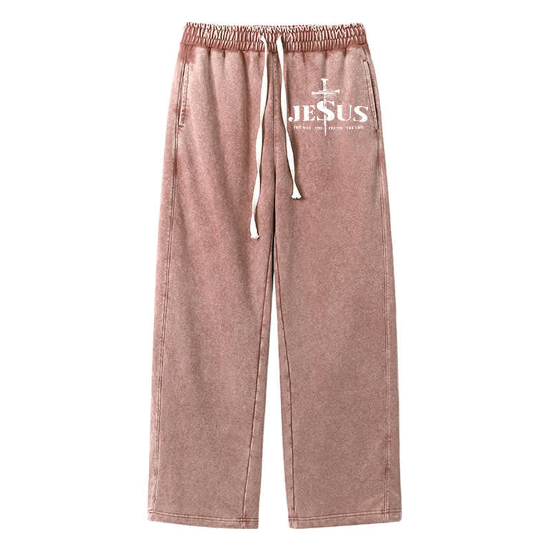 Christianartworkshop Jesus Cross Graphic Vintage Fade Washed Sweatpants - Brown - 2XL - image 0