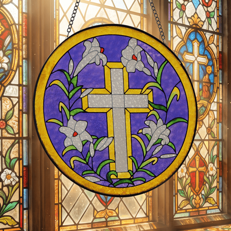 Christianartworkshop Circular Lily Framed Cross Glass Suncatcher: Token of Peaceful Divine Hope - image 4