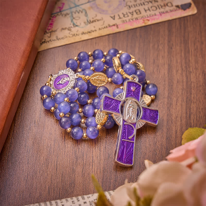 Christianartworkshop Purple Cat's Eye Beads Enamel-Inlaid Cross Our Lady Rosary: Sign of Quiet Heavenly Blessing - image 5