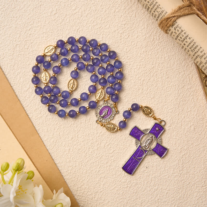 Christianartworkshop Purple Cat's Eye Beads Enamel-Inlaid Cross Our Lady Rosary: Sign of Quiet Heavenly Blessing - image 4