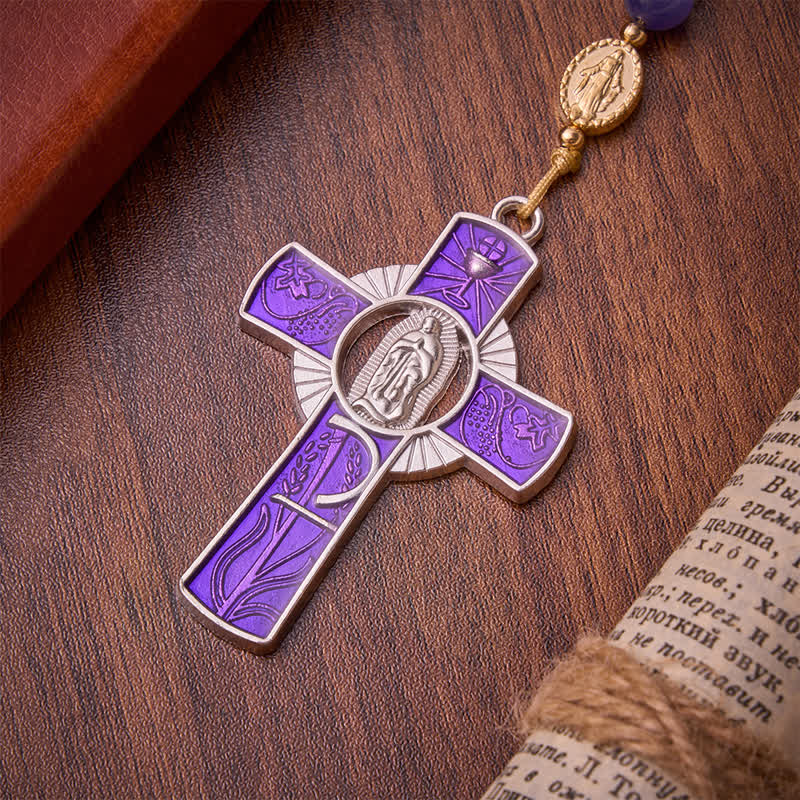 Christianartworkshop Purple Cat's Eye Beads Enamel-Inlaid Cross Our Lady Rosary: Sign of Quiet Heavenly Blessing - image 8