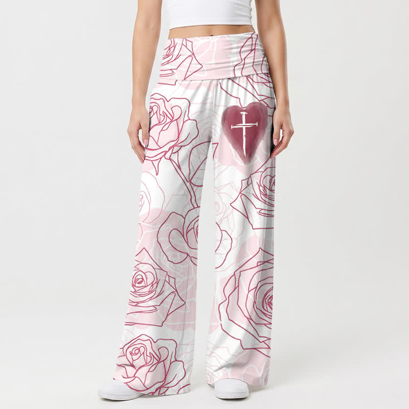Christianartworkshop Blush Rose Heart Cross Lounge Women's Wide Leg Pants - US22,UK/AU26,EU54 - image 0
