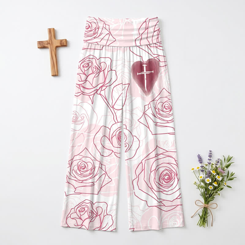 Christianartworkshop Blush Rose Heart Cross Lounge Women's Wide Leg Pants - image 2