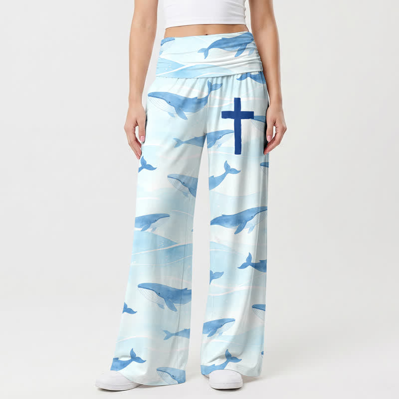 Christianartworkshop Ocean Whale Cross Print High Waist Women’s Wide Leg Pants - US22,UK/AU26,EU54 - image 0