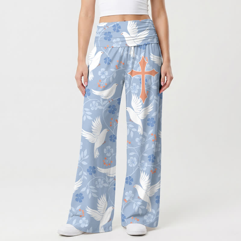 Christianartworkshop Sky Blue Dove Blossom High Waist Women's Wide Leg Pants - US22,UK/AU26,EU54 - image 0