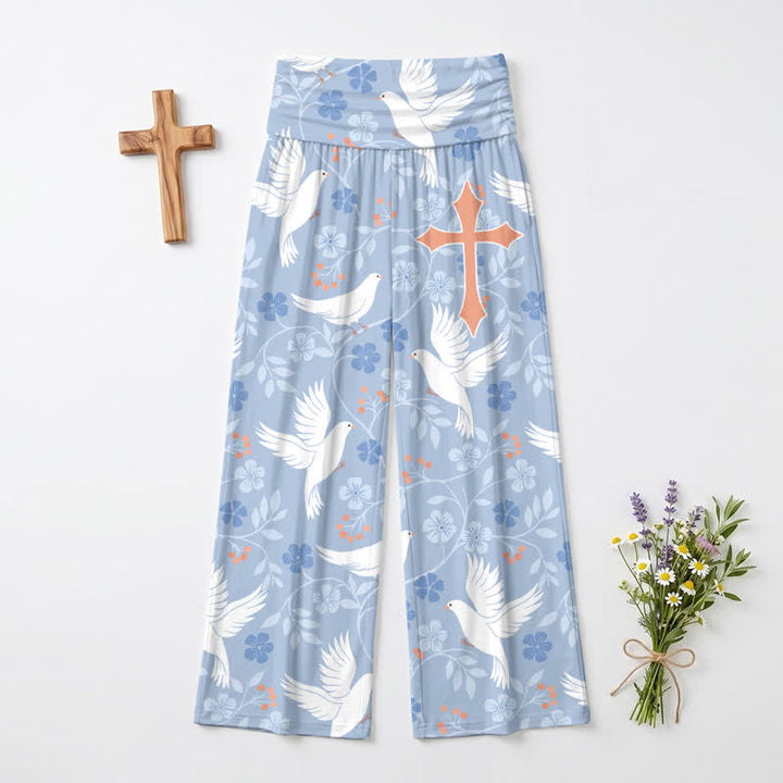 Christianartworkshop Sky Blue Dove Blossom High Waist Women's Wide Leg Pants - image 2
