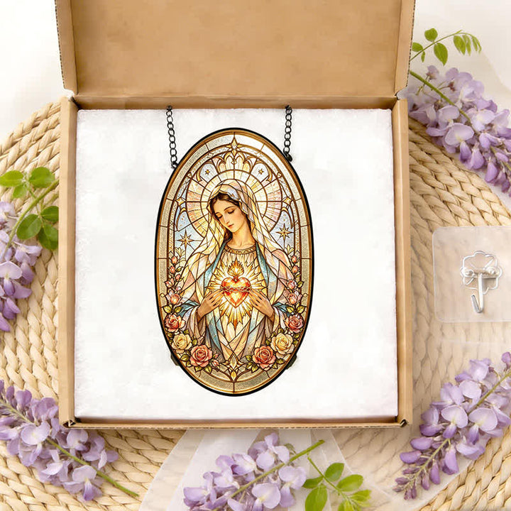 Christianartworkshop Floral Framed Our Lady Window Glass Suncatcher: Beacon of Timeless Heavenly Grace - image 8